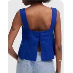 Madewell Linen Square Neck Cropped Button Back Tank Blue #654